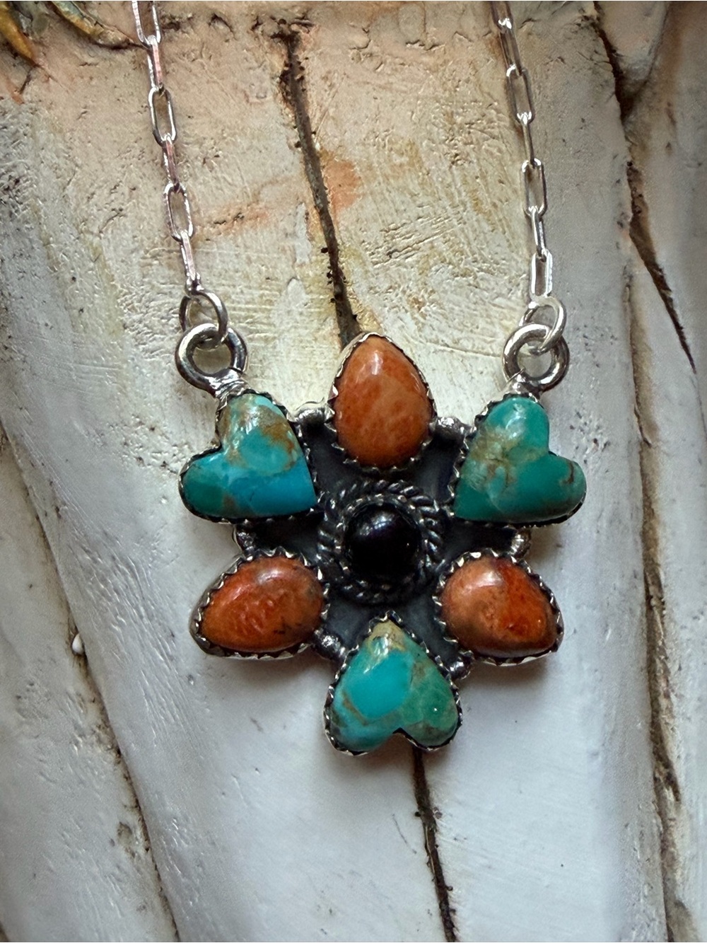 Turquoise, Orange Mojave and Black Onyx Flower Pendant Necklace - Sterling